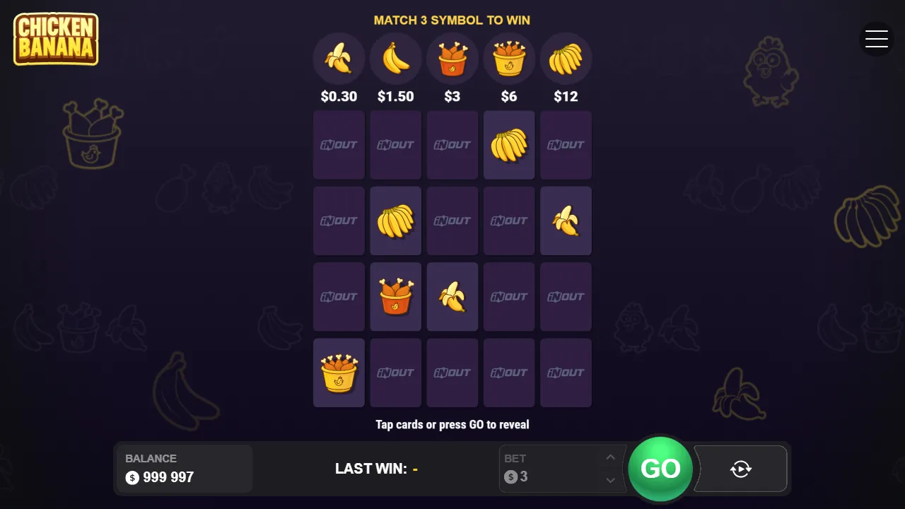 Chicken Banana round in progress: a symbol row paying $0.30, $1.50, $3, $6 and $12 on a $3 bet above a 5 by 4 grid with seven cards opened