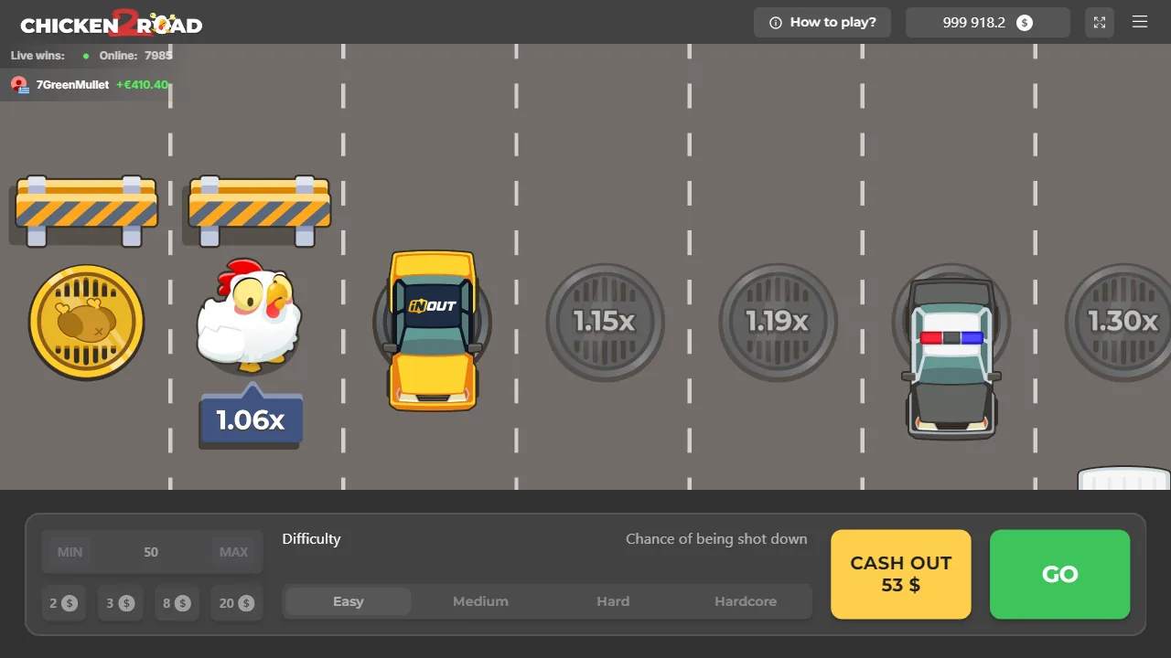 Chicken Road 2.0 official demo on Easy: the chicken has crossed three lines at 1.06x, with Cash out (53 $ on a 50 bet) and Go buttons below the road