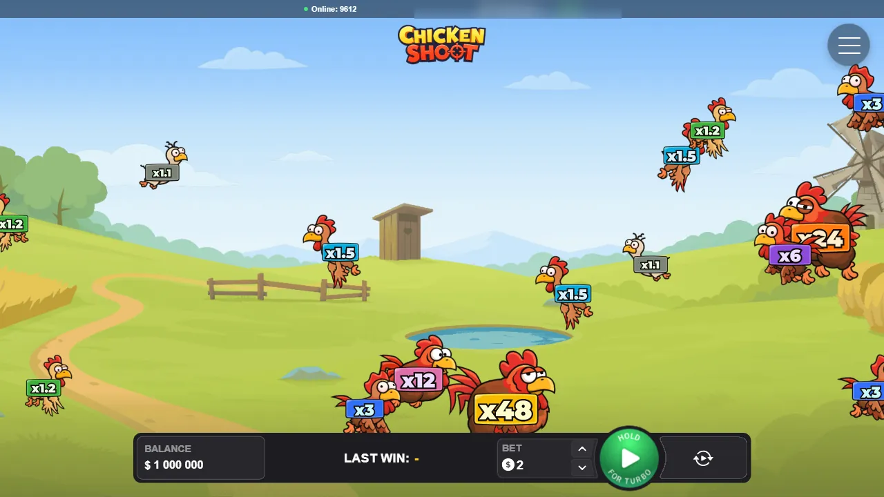Chicken Shoot farm screen with flying chickens labelled x1.1, x1.2, x1.5, x3, x6, x12, x24 and x48, and the bet and spin controls at the bottom