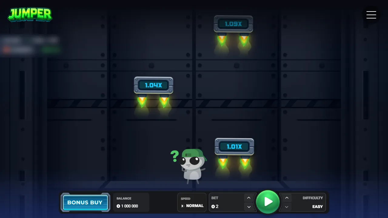 Jumper start screen: the character below three platforms marked 1.01X, 1.04X and 1.09X, with Bonus Buy, bet and Easy difficulty controls at the bottom