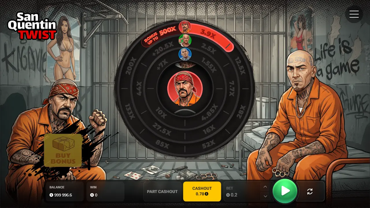 Twist San Quentin wheel with three rings of multipliers, one outer sector filled at 3.9X, the Bonus up to 500X label, and a Cashout button showing 0.78 on a 0.2 bet